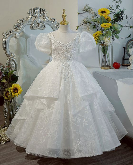 Ball Gown Short Sleeves Sweetheart Flower Girl Lace Party Dress with Crystal Appliques