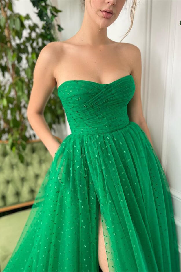 Edgynewlook Elegant Green Sleeveless Sweetheart Split Prom Dress Tulle