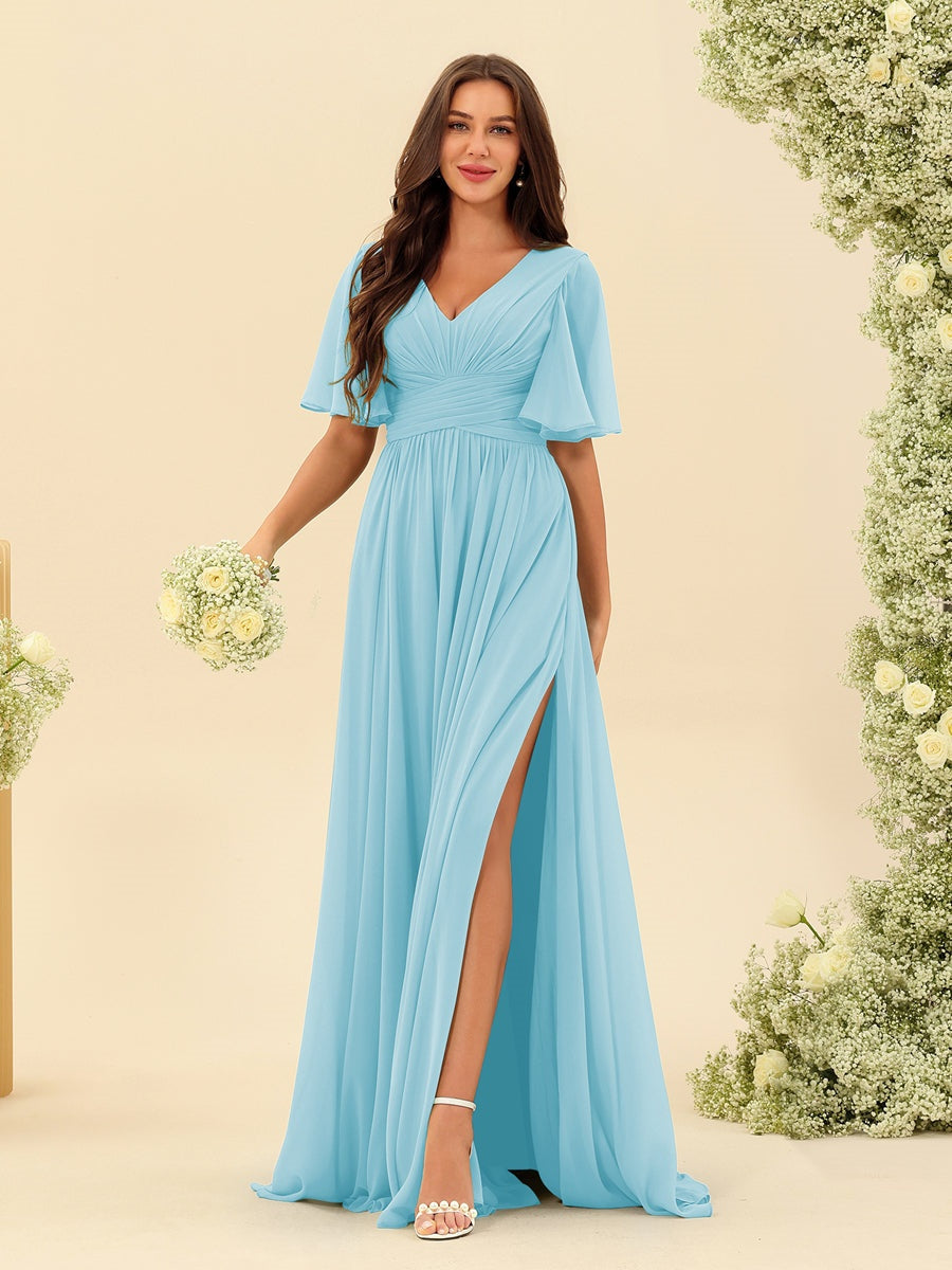 A-Line/Princess V-Neck Half Sleeves Chiffon Bridesmaid Dresses With Pockets & Split Side