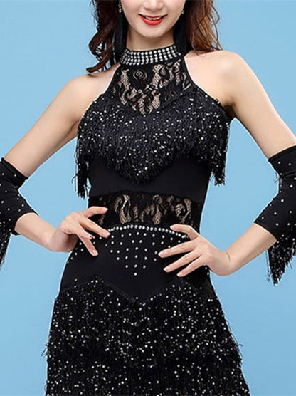 Latin Dance Dress Lace Fringed Tassel Split Joint Women‘s Training Performance Sleeveless