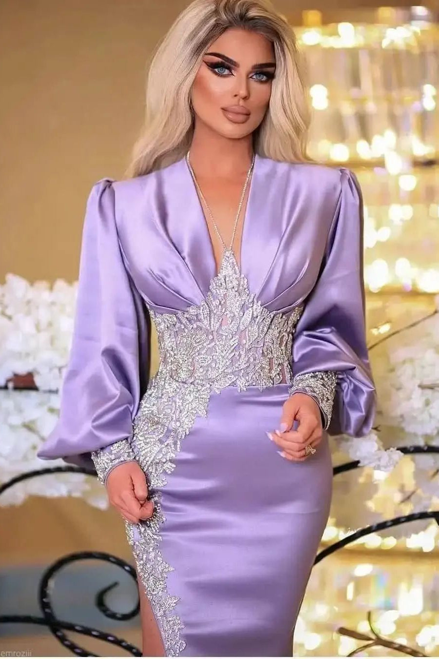 Lilac Split Long Sleeves Mermaid V-Neck Prom Dress With Appliques Online ED0316