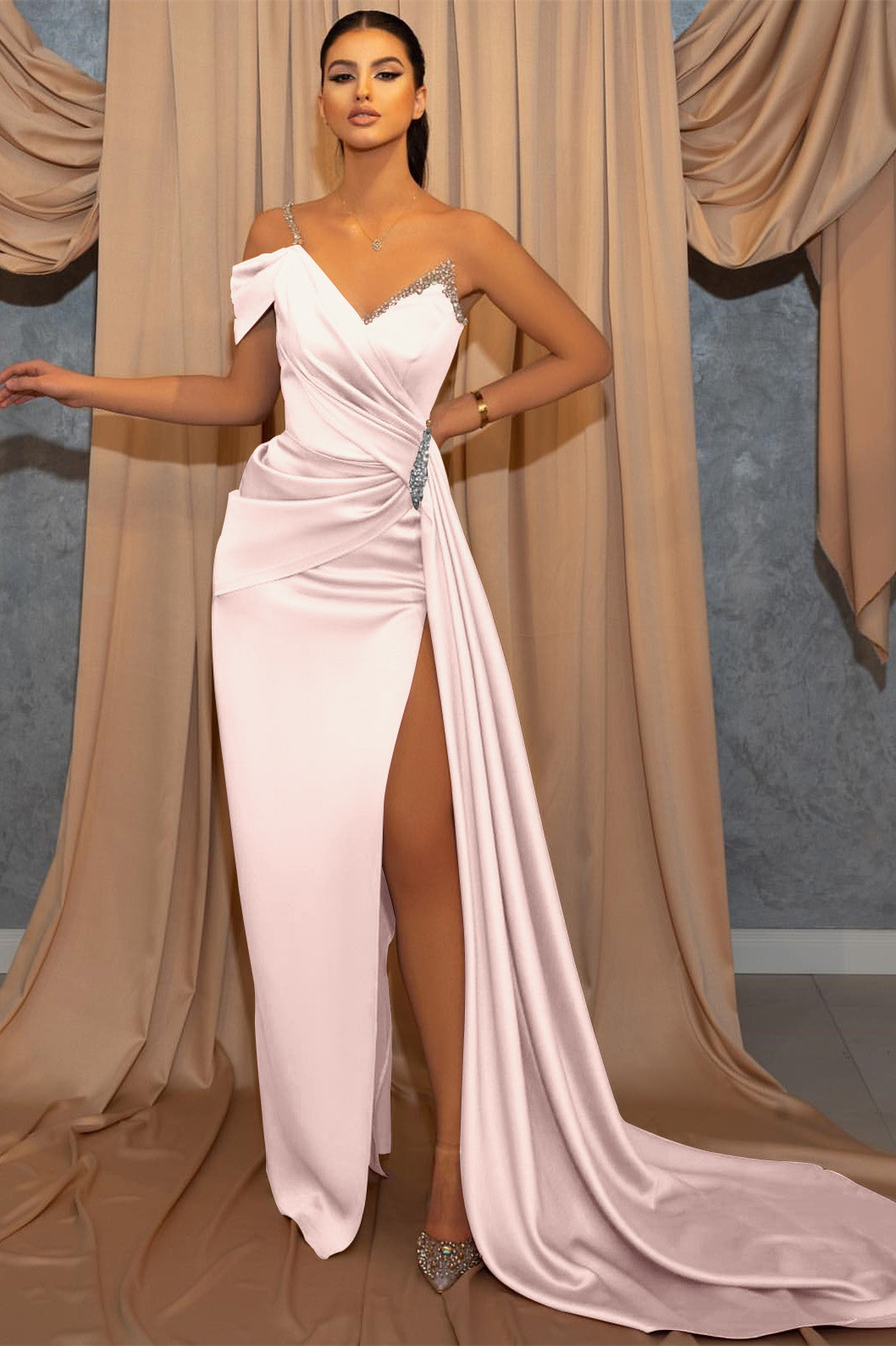 One Shoulder V-Neck Spaghetti-Straps Beads Mermaid Slit Prom Dress With Ruffles ED0236