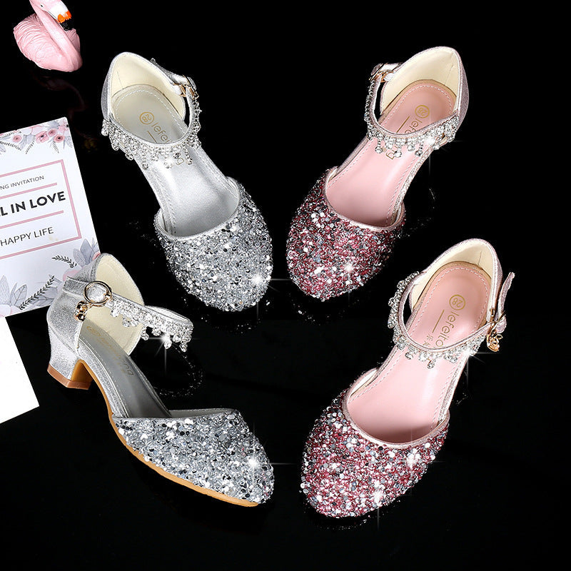 Sparkling Sequined Block Round Toe Buckle Girl's Shoes with Rhinestone