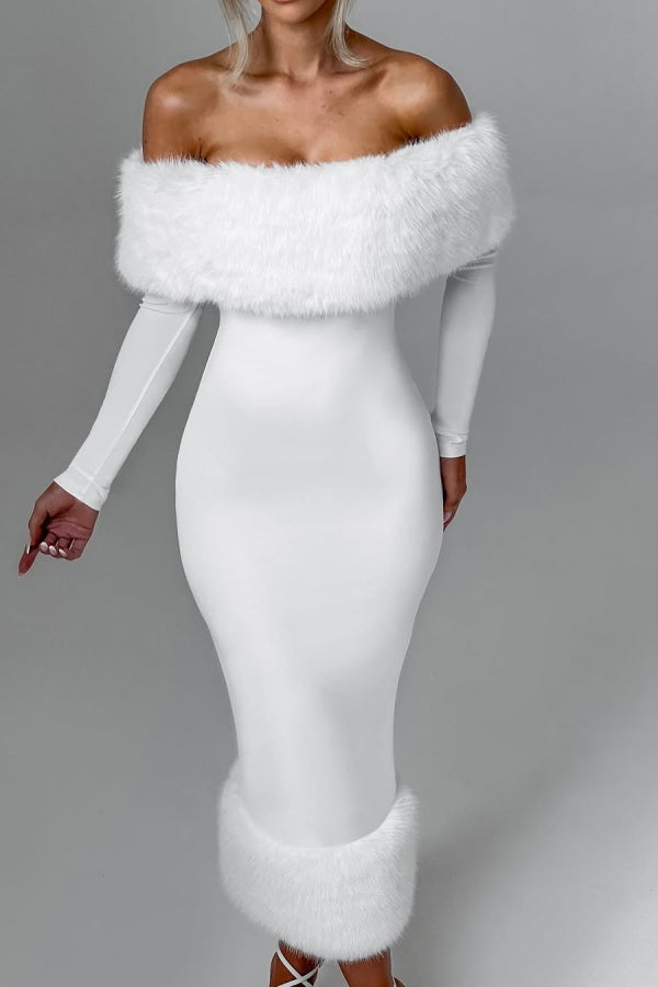 White Strapless Slim Fit Long Sleeves Prom Dress With Fur Collar ZT0338