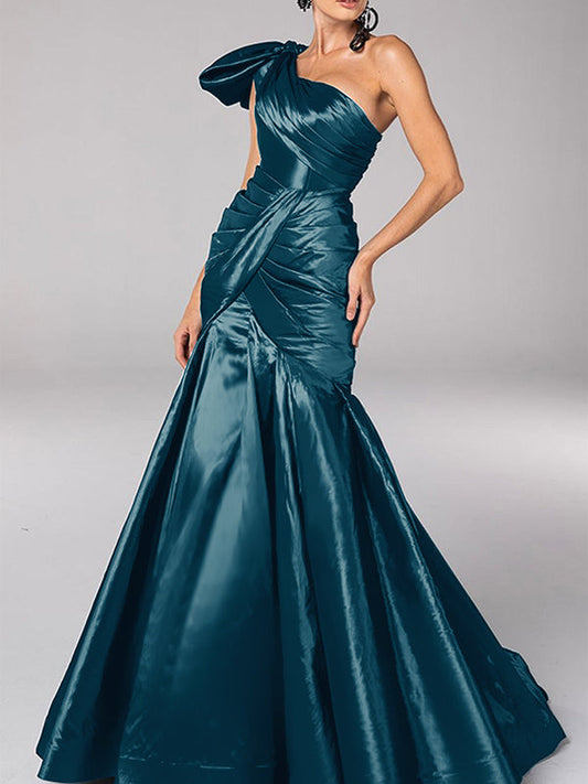 Mermaid/Trumpet One-Shoulder Sleeveless Sweep Train Satin Bow(s) Evening Dresses