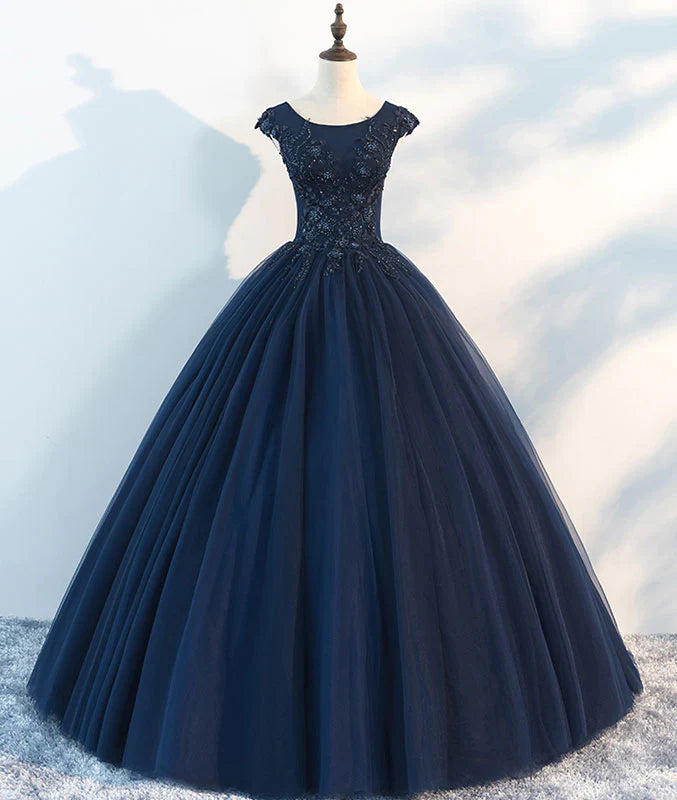 Navy Blue Sleeveless Prom Dress A-Line Lace Printed Evening Dress YH0033