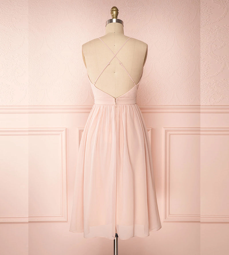 Pink v neck chiffon short prom dress  8178