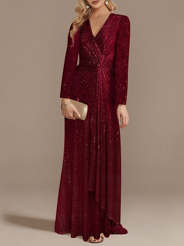 Mermaid/Trumpet V-Neck Long Sleeves Floor-Length Party Cocktail Dress with Sequins