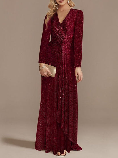 Mermaid/Trumpet V-Neck Long Sleeves Floor-Length Party Cocktail Dress with Sequins