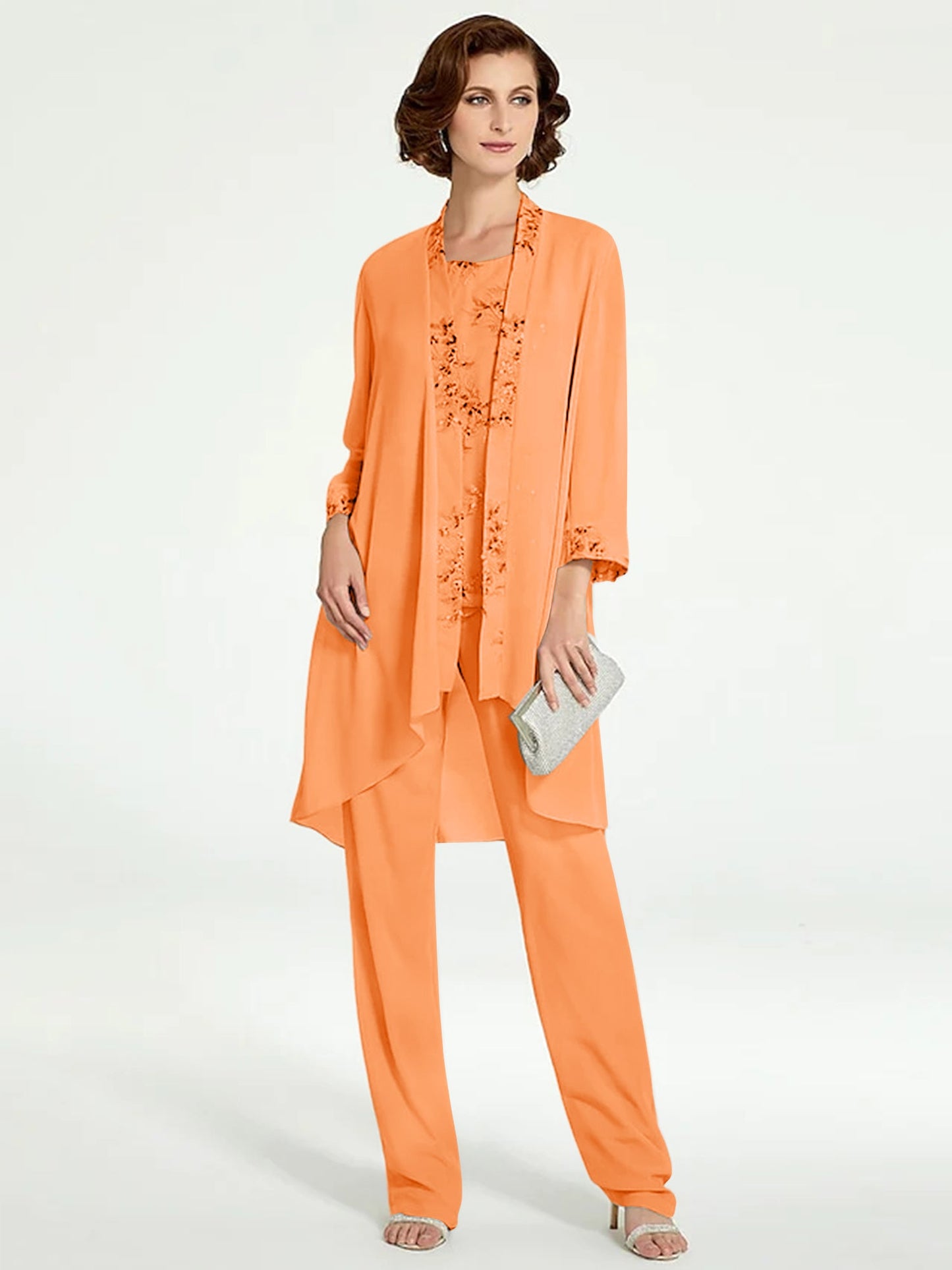 Chiffon Round Neck Floor-Length Mother of the Bride Pantsuits with Jacket