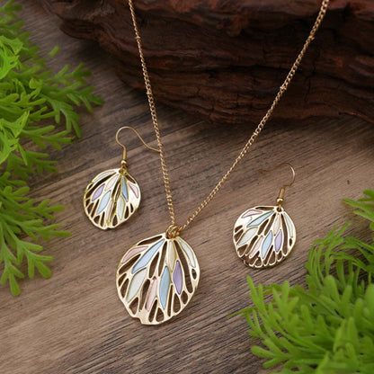 Stylish Elegant Enamel Leaf Earrings Necklace Two Pieces Jewelry Set