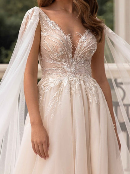 A-Line/Princess V-Neck Floor-Length Wedding Dress With Split Side