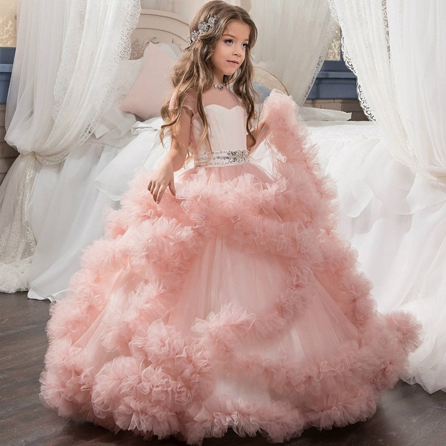 Layered Ruffle Ball Gown Flower Girl Dresses with Rhinestone