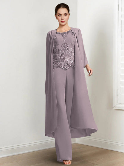 Chiffon Round Neck Floor-Length Mother Of The Bride Pantsuits With Jacket & Applique