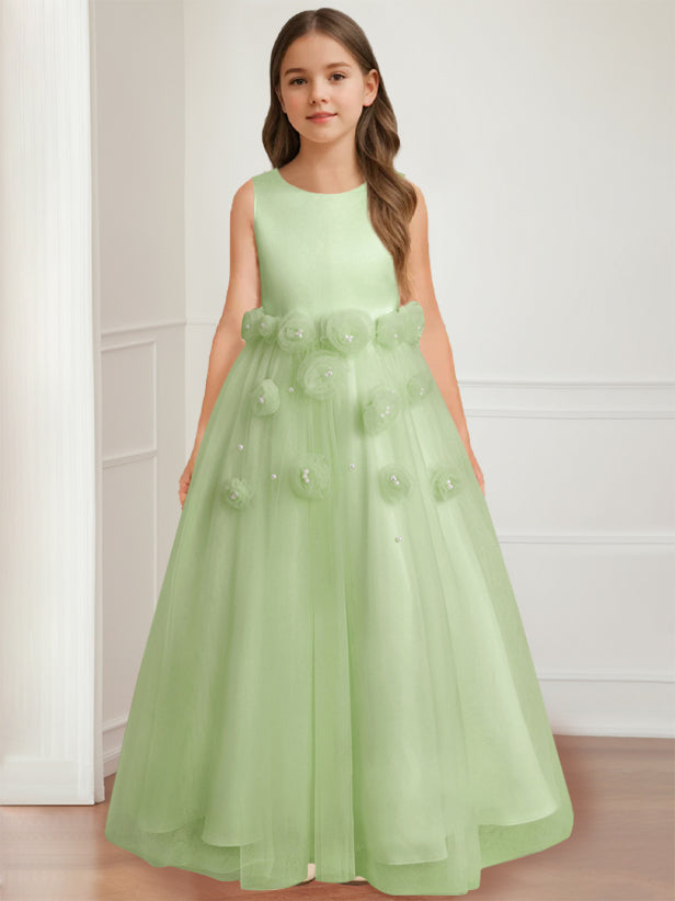 A-Line/Princess Round Neck Sleeveless Floor-Length Flower Girl Dress with 3D floral pattern