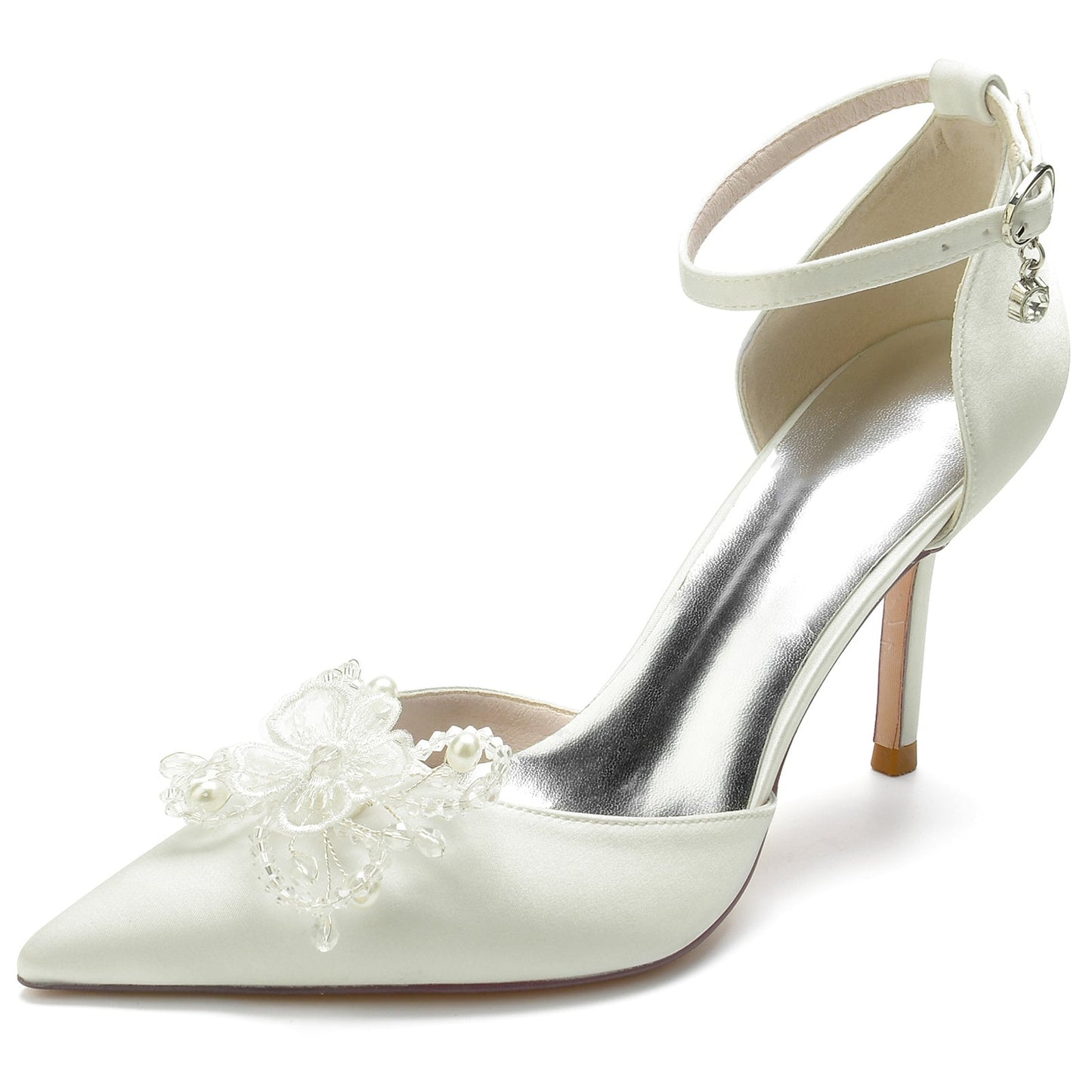 Women's Wedding Shoes Pearl Flower Stiletto Pointed Toe Buckle Bridal Shoes