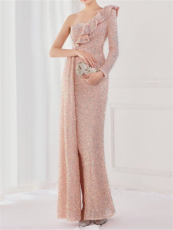 Mermaid/Trumpet  One Shoulder Floor-Length Evening Dresses with Sequin Slit