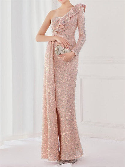 Mermaid/Trumpet  One Shoulder Floor-Length Evening Dresses with Sequin Slit