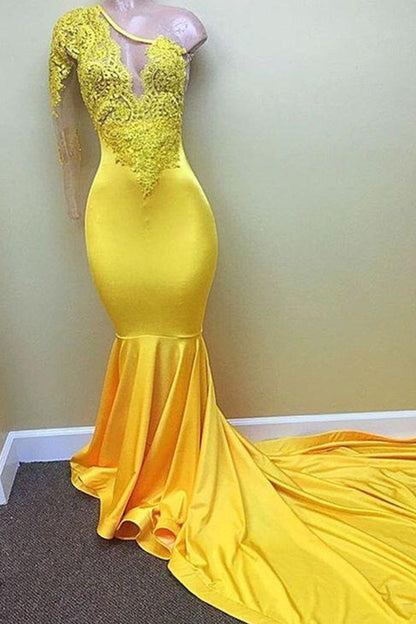 Yellow One Shoulder Long Sleeve Mermaid Prom Dress With Applique PD0625