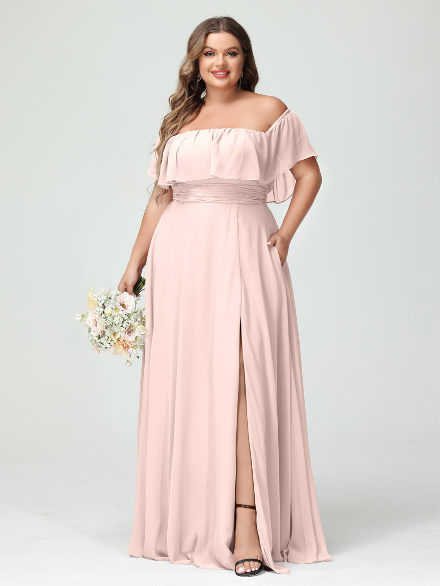 A-Line/Princess Off-the-Shoulder Short Sleeves Chiffon Plus Size Bridesmaid Dresses with Pockets & Split Side