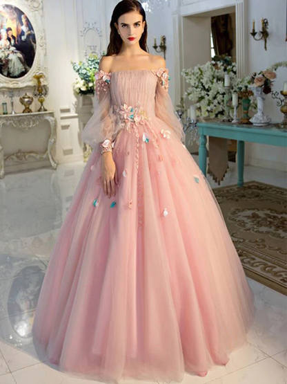 Long Sleeve Prom Dresses Pearl Pink Ball Gown Long Floral Fairy Prom Dress  gh2279