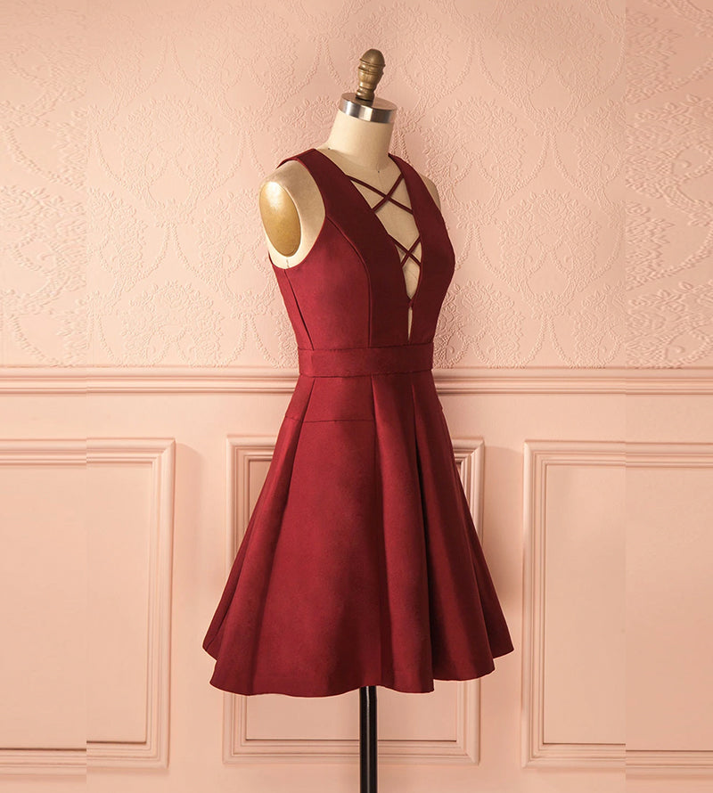 Burgundy satin short prom dress  8177