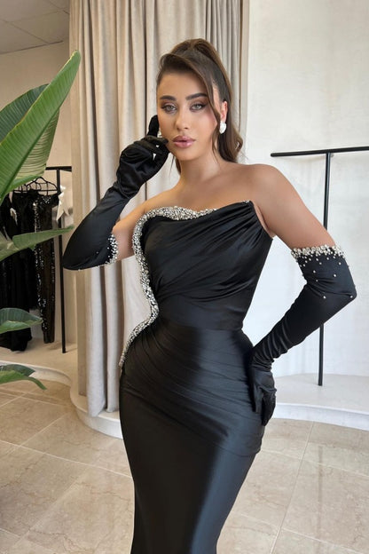 Black Strapless Beaded Mermaid Long Gloves Prom Dress ZT0282