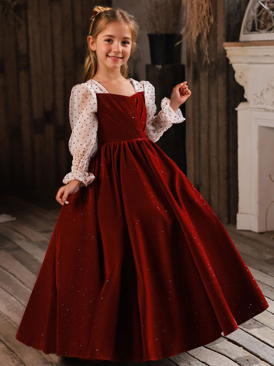 Square Neck Floor Length Princess Long Sleeves Flower Girl Dresses with Beading