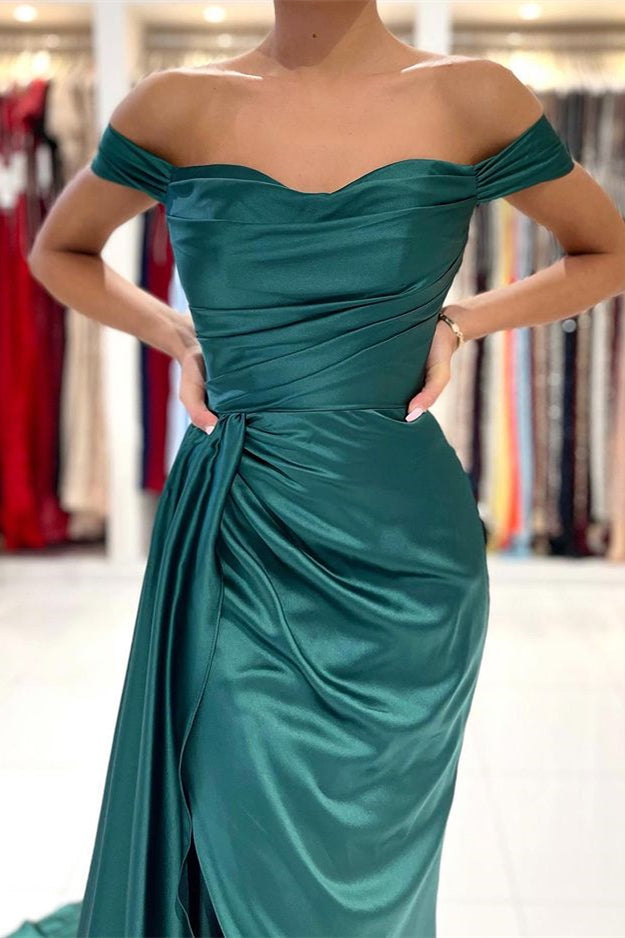 Dark Green Off-the-Shoulder Mermaid Long Prom Dress Split With Ruffles PD0680