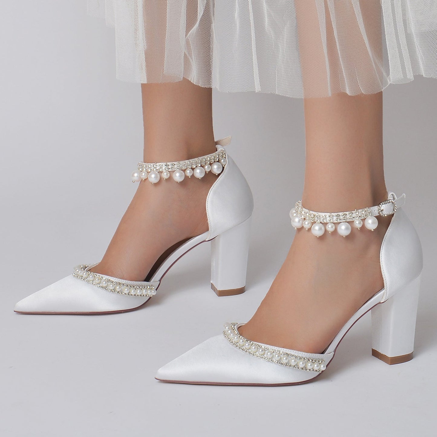 Women's Wedding Rhinestone Pearl Block Heel Pointed Toe Buckle Bridal Shoes