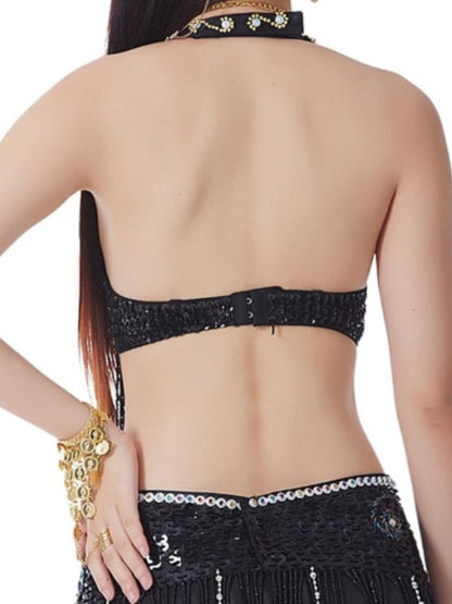 Sexy Belly Dancewear Halter Sequins Tassel Sleeveless Bra with Rhinestone & Beading