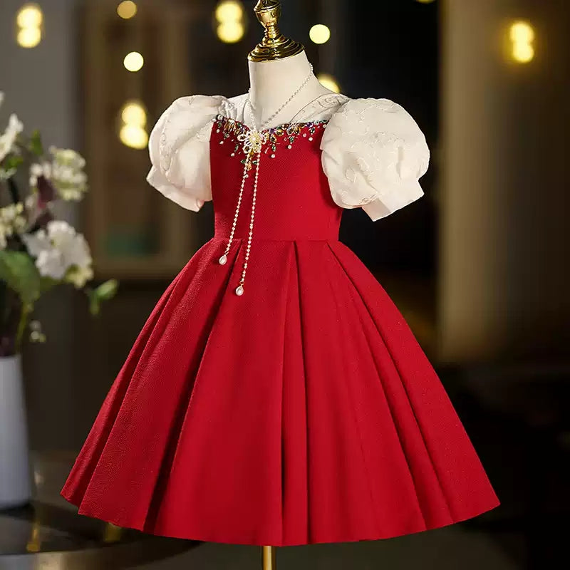 Short Sleeves Tea-Length Red Girl Party Dresses with Rhinestones