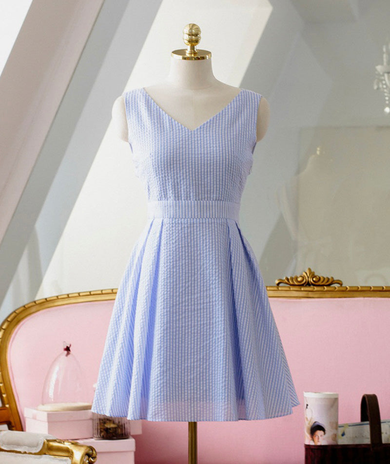 Cute blue v neck short dress with bow fashion girl dress  1008