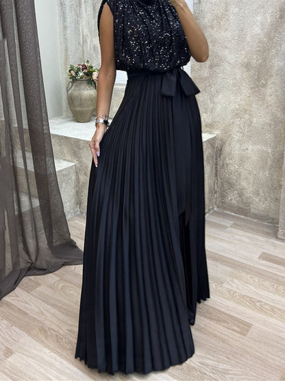 Women's Black Dress Sequin Dress Prom Dress Sequins Pleated Crew Neck  Dresses