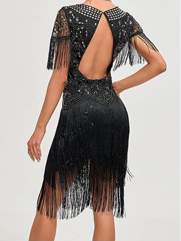 A-Line/Princess Jewel Neck Short Sleeve Knee-Length Vintage Dress with Tassel Fringe & Sequins