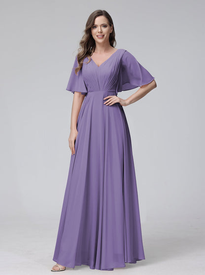 A-Line/Princess V-Neck Half Sleeves Floor-Length Bridemaid Dresses With Ruffles & Pockets