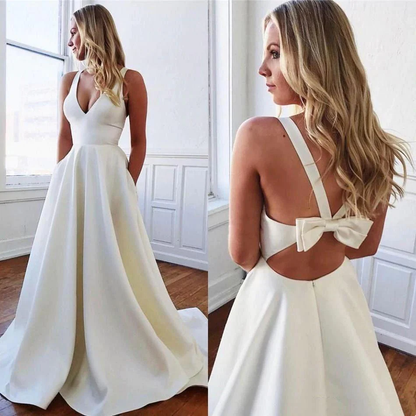 White fashion backless satin A-line long elegant trailing back bow ball gown evening dress wedding dress gh1148