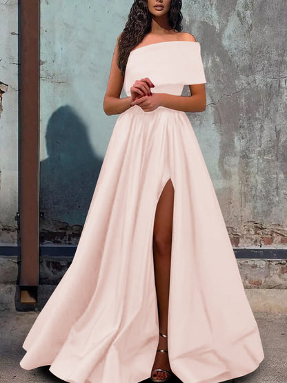 A-Line/Princess One-Shoulder Floor-length Prom Dresses