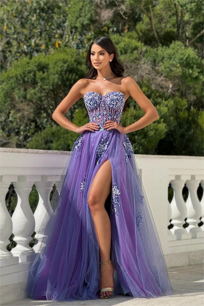 edgynewlook Glamorous Purple Tulle Strapless Sleeveless Beadings Split Prom Dress with Applique