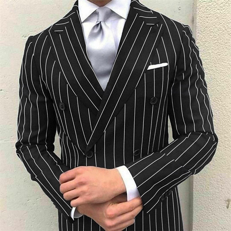 Men's Prom Pinstripe Peak Lapel Business Formal Striped Double Breasted Six-buttons  2 Piece Wedding Suits