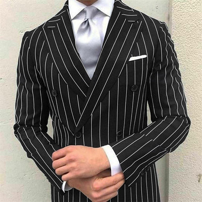 Men's Prom Pinstripe Peak Lapel Business Formal Striped Double Breasted Six-buttons  2 Piece Wedding Suits