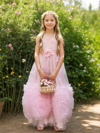 A-line Chiffon Floor-length Pink Flower Girl Dress