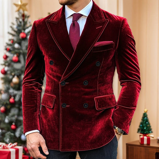 Red Purple Men's Velvet Vintage Standard Fit Double Breasted Six-buttons Blazer Jacket