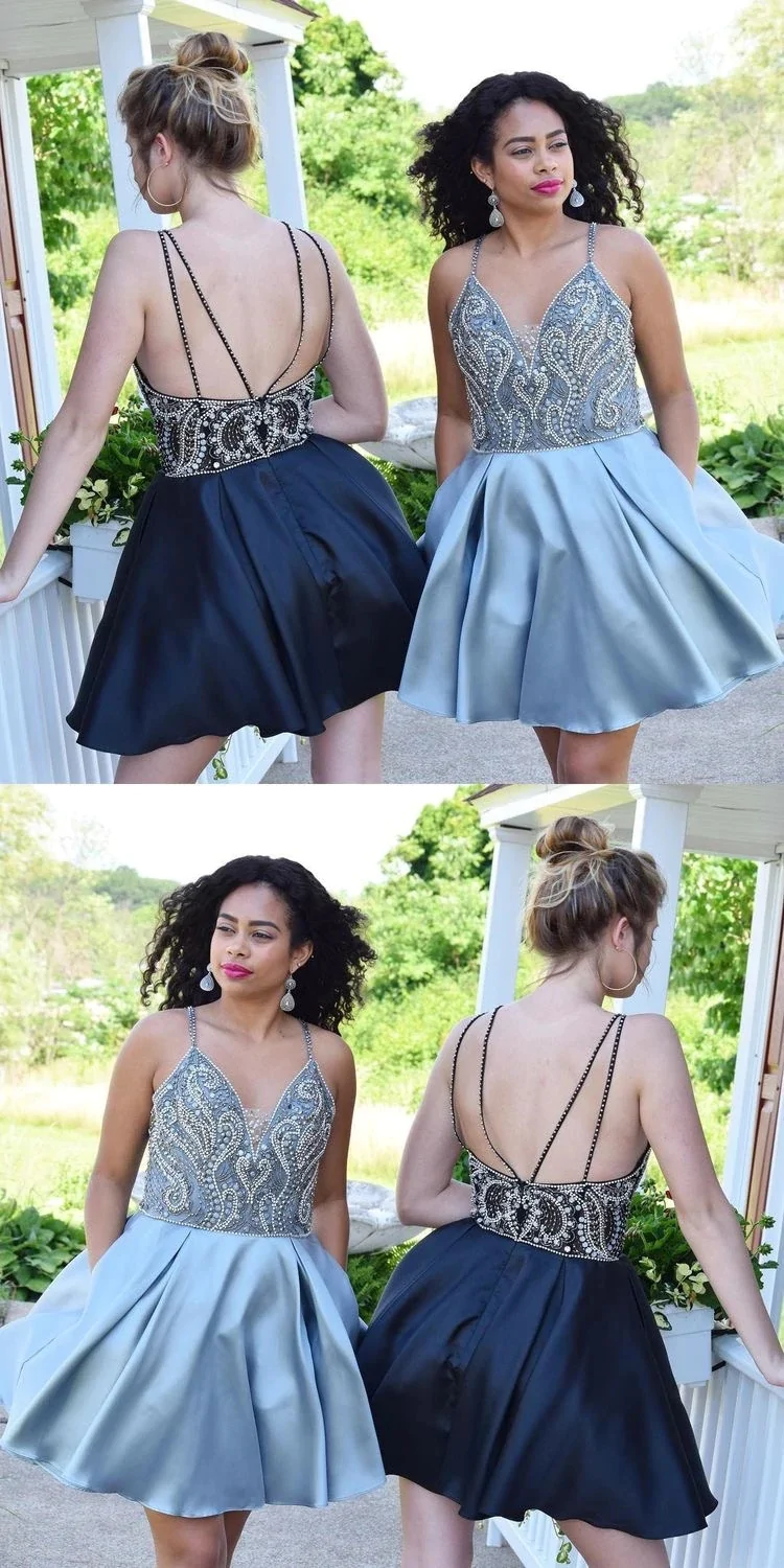 Backless Spaghetti Straps Rhinestone Short Homecoming Dress gh1738