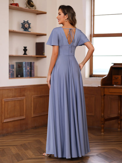 A-Line/Princess V-Neck Short Sleeves Floor-Length Mother of the Bride long Dresses with Ruffles