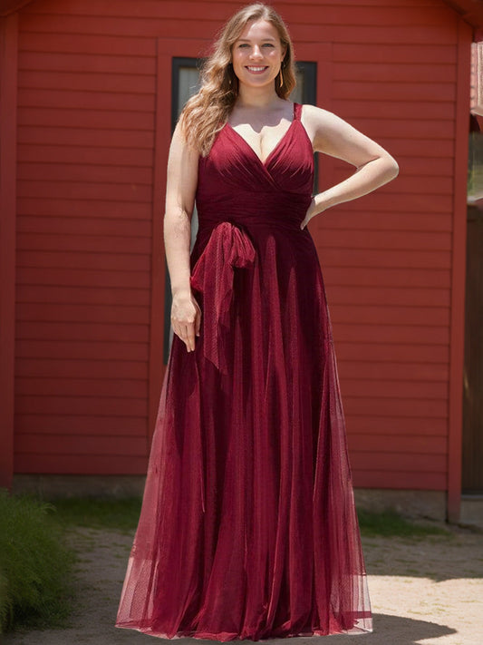 A Line/Princess Deep V-Neck Sleeveless Floor-Length Plus Size Bridesmaid Dresses with Lace