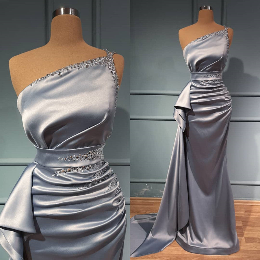 Shiny Sliver One Shoulder Beadings Prom Dress With Belts Online ED0047