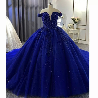 Blue Off Shoulder Lace Applique A-Line Long Ball Gown Evening Gown Bridal Gown Wedding Dress gh3103