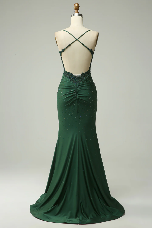 Mermaid Dark Green Long Prom Dress With Appliques Beadings ZT0570