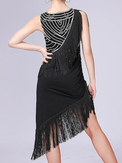 Women's Dancewear Latin Dance Dress Tassel Pure Color Splicing Performance Training Sleeveless